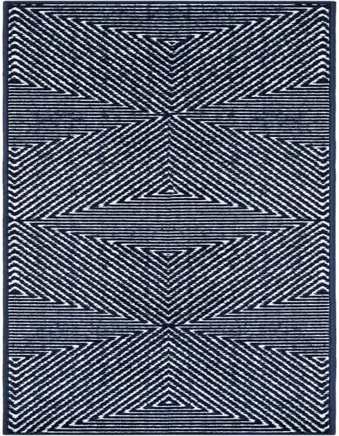 A navy blue and white modern runner rug featuring a repeating geometric chevron pattern, ideal for hallways or patios.