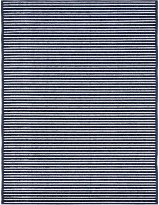A 10 ft runner rug featuring a modern striped pattern of alternating navy blue and white lines, suitable for a hallway or patio.
