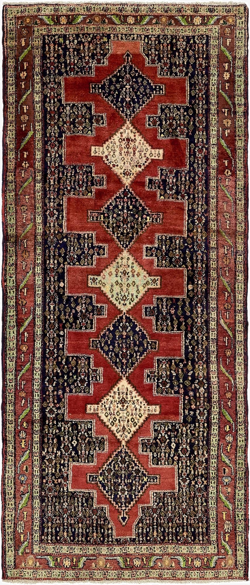  4' 6 x 10' 1  Hand Knotted Sanandaj Persian Wool Runner Rug