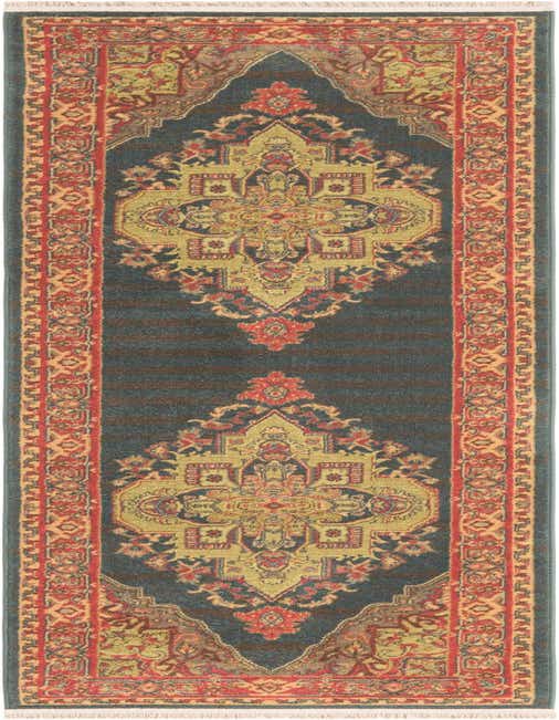 A 10 ft runner rug with a traditional French medallion pattern in shades of navy blue, gold, and red, ideal for a hallway.