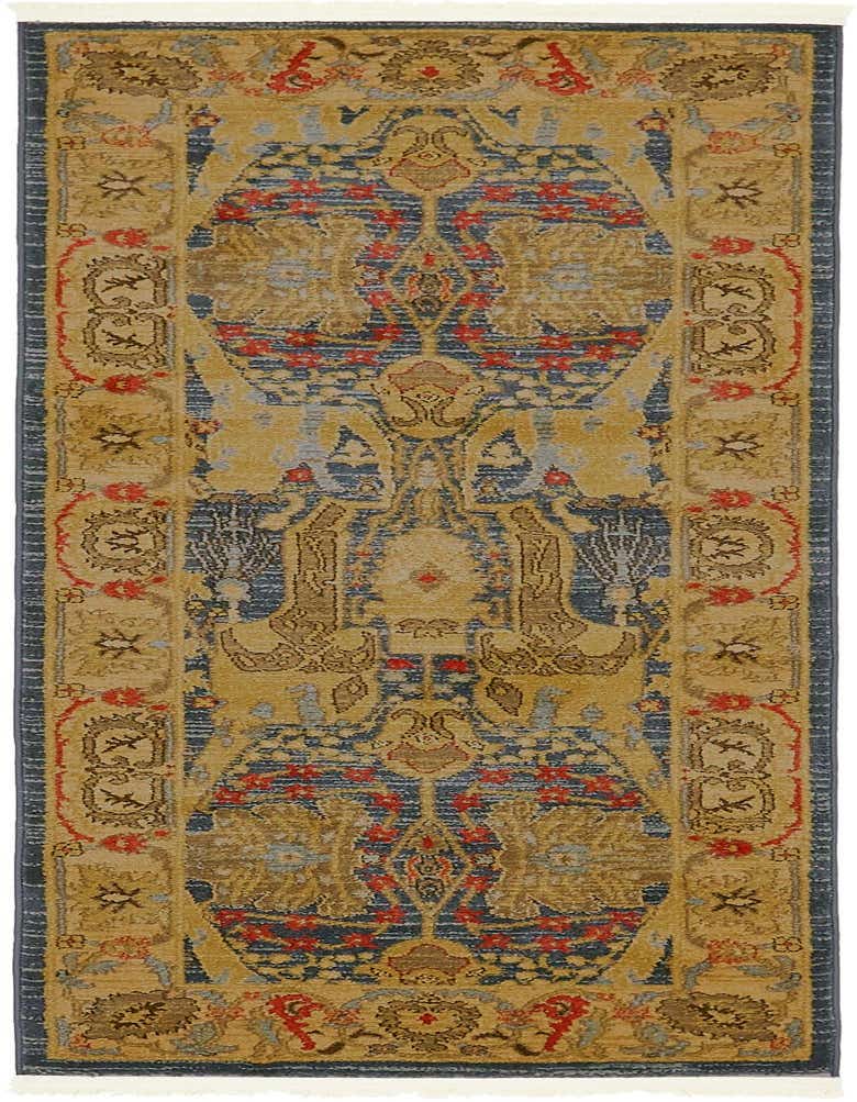 A 7 ft runner rug in eclectic tribal style, featuring a rich navy blue and gold pattern with red floral accents, suitable for a hallway.