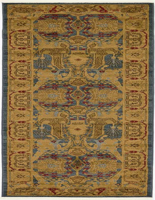 A 10 ft Sara runner rug in blue, gold, and red with a traditional floral and tribal pattern, ideal for a hallway.