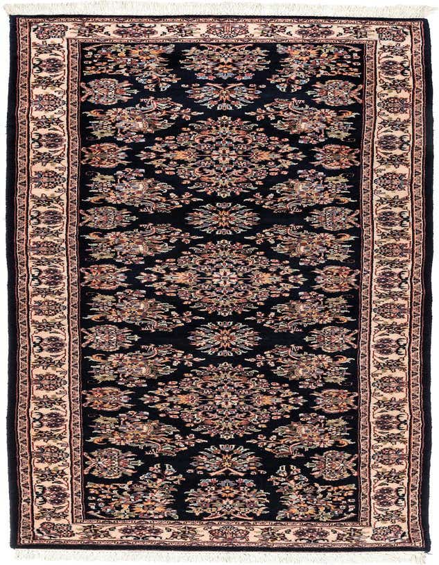 A 10 ft navy blue runner rug with a traditional Oriental floral pattern and a light beige border, perfect for a hallway.