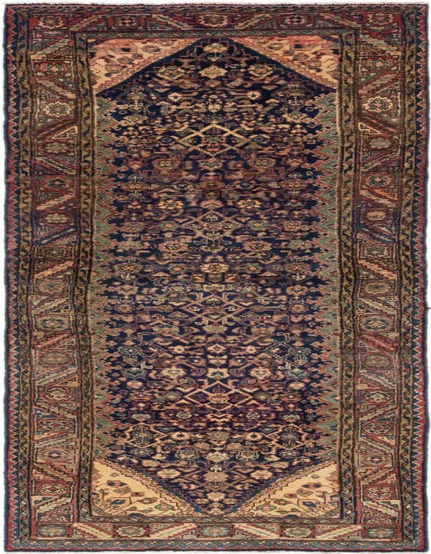 A long 11 ft runner rug featuring a traditional Persian pattern with a deep navy blue field and intricate tribal motifs in reds, creams, and greens, ideal for a hallway.