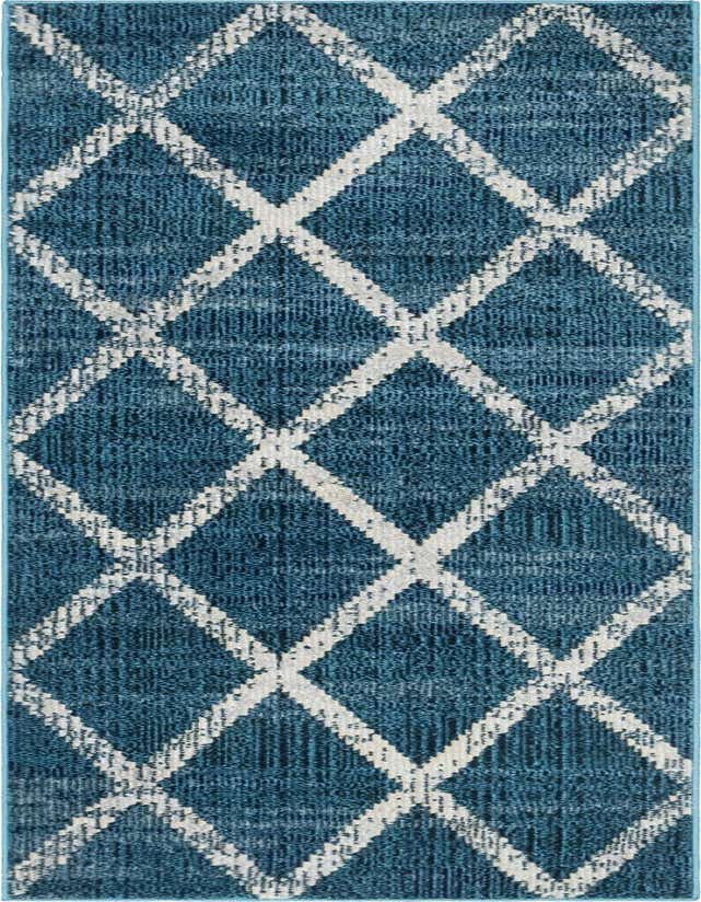 A 6 ft runner rug with a modern transitional pattern featuring white diamond trellises over a textured navy blue background.