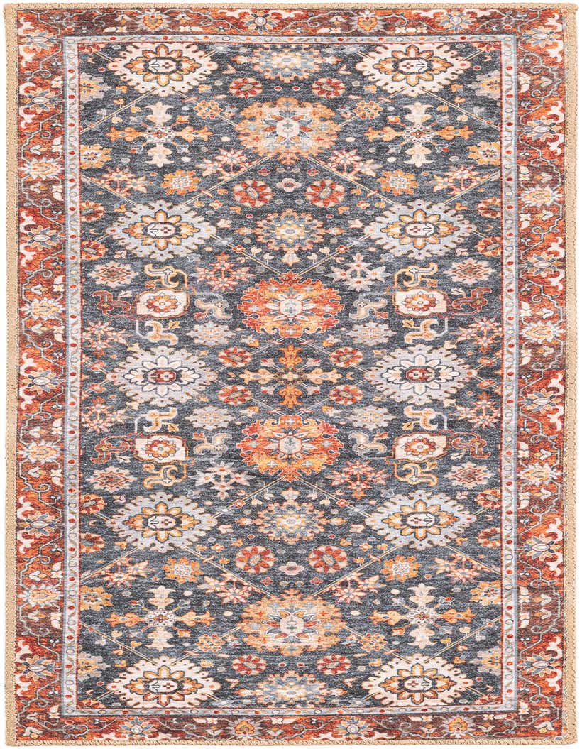 A 5 ft runner rug with a traditional Oriental medallion pattern in shades of navy blue, orange, and cream, ideal for a hallway.