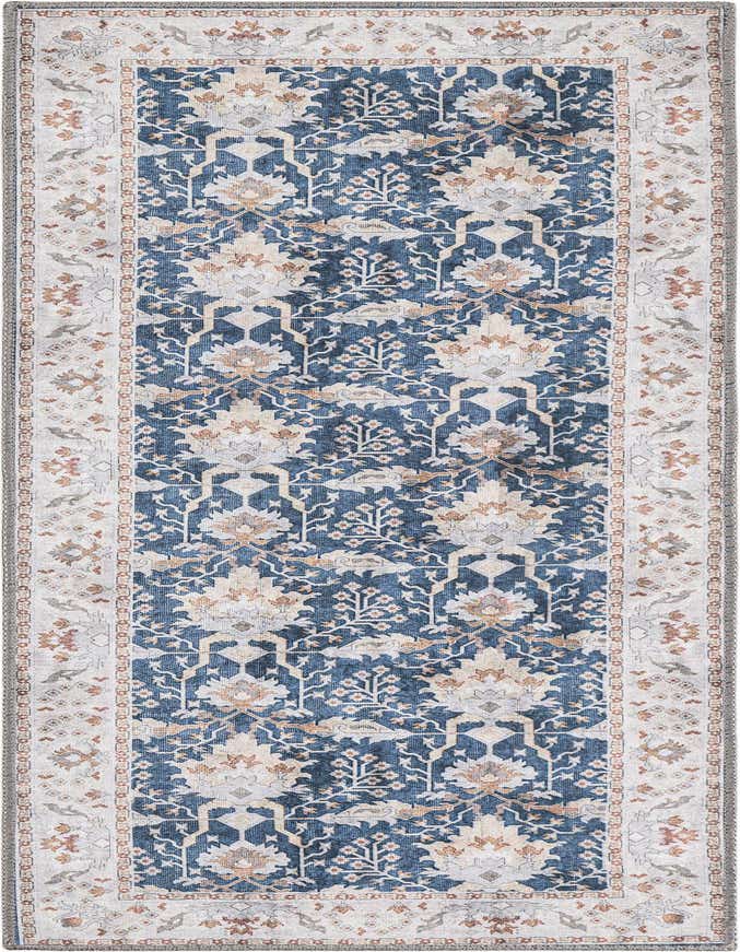 A 6 ft runner rug with a navy blue center, featuring an intricate traditional medallion and floral pattern in cream, light blue, and rust, bordered by a cream and rust design.