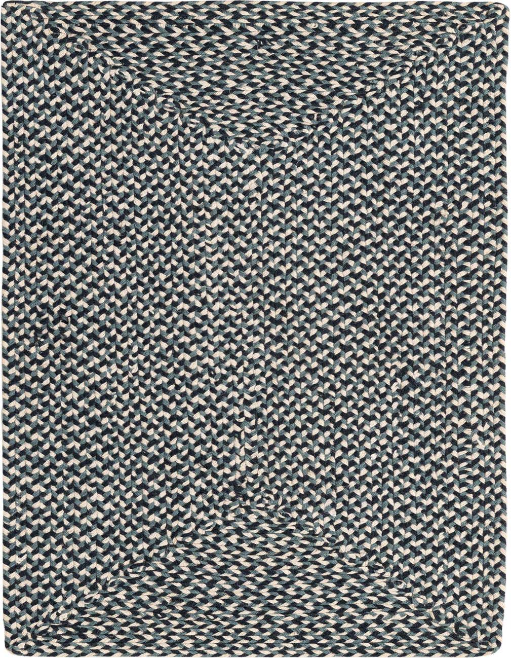 A 4 ft runner rug in a braided jute texture, featuring a modern pattern of navy blue, light blue, and cream.