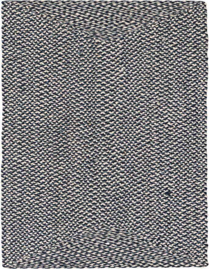 A 6 ft runner rug with a braided jute texture, featuring a modern pattern in shades of navy blue, light blue, and cream.