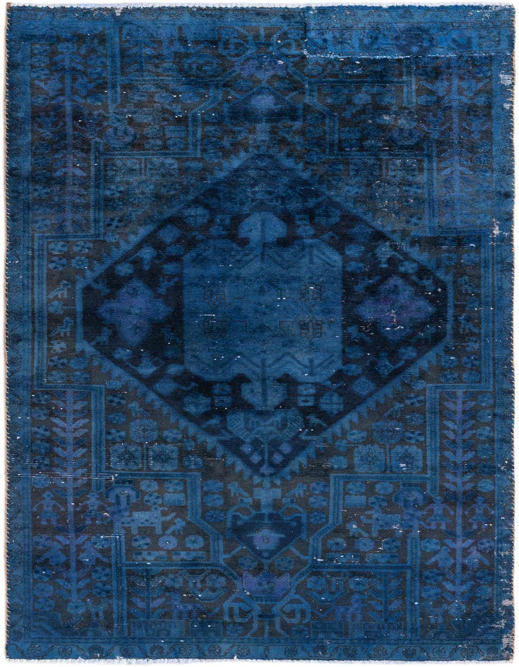 A distressed 8 ft runner rug in shades of navy and deep blue, featuring a central diamond medallion and intricate Persian-inspired patterns.