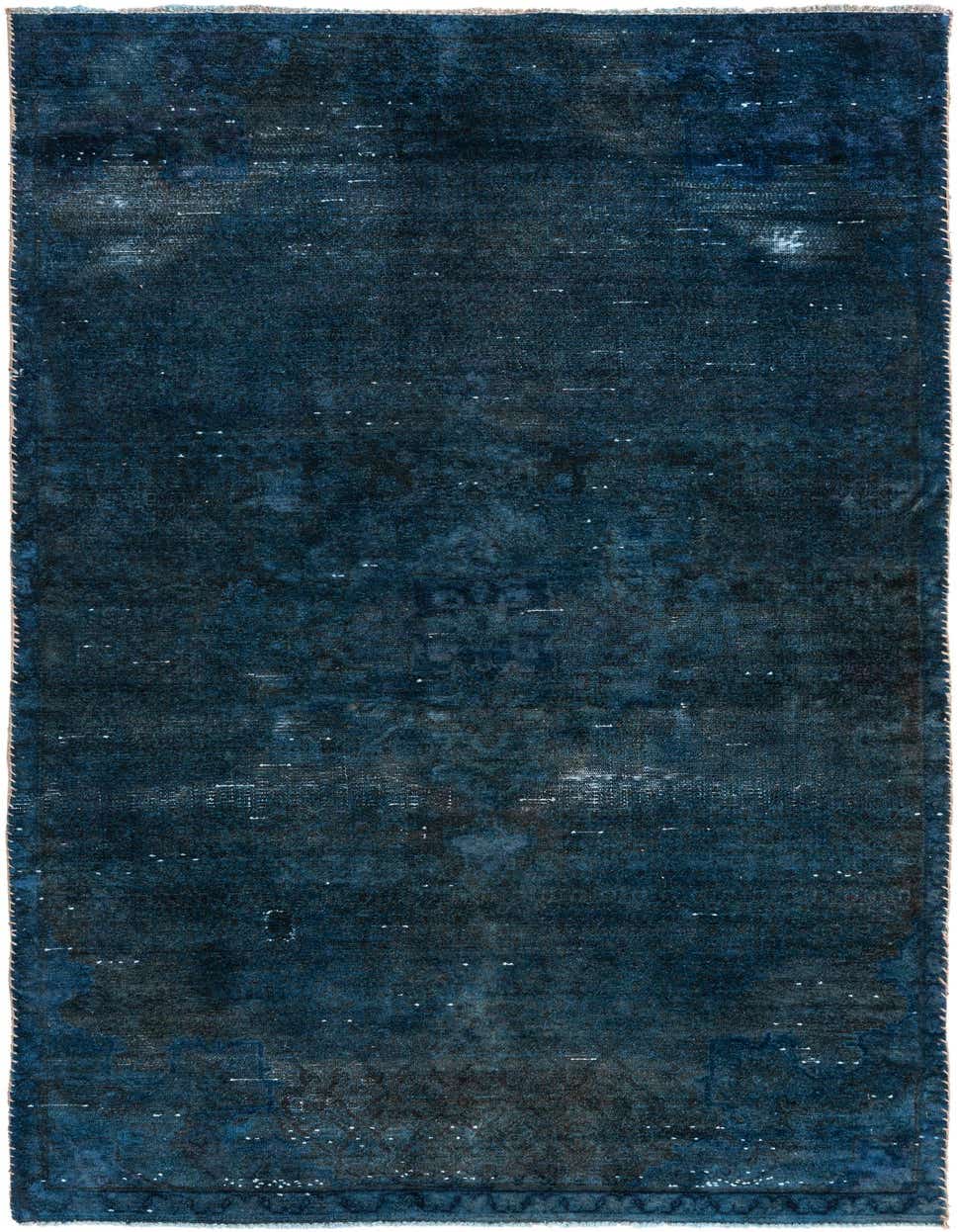 A handmade 8 ft runner rug in shades of distressed navy blue, featuring subtle vintage Persian patterns, ideal for a hallway or kitchen.