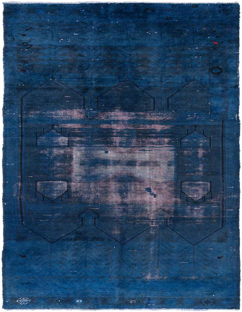 A 10 Ft runner rug in deep navy blue with a faded central Persian medallion and geometric patterns, ideal for a hallway.