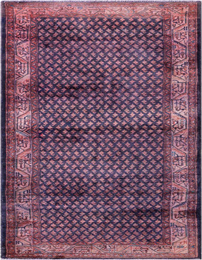 A 10 ft runner rug featuring a deep navy blue field with a repeating diamond pattern in faded red, bordered by intricate traditional Persian motifs in shades of red, blue, and cream.