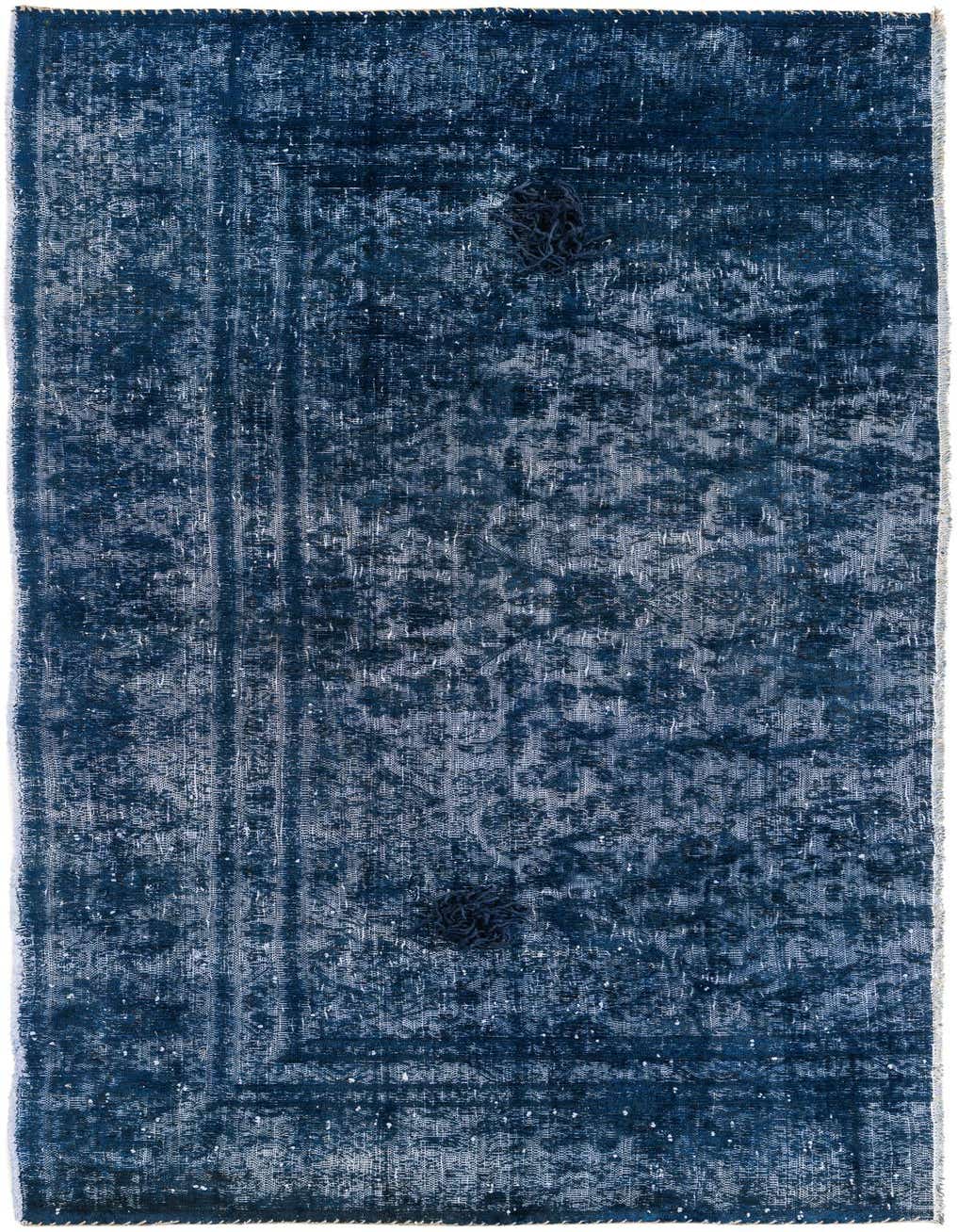 A 9 ft runner rug in distressed navy blue wool with a faded Persian medallion pattern, ideal for a hallway.