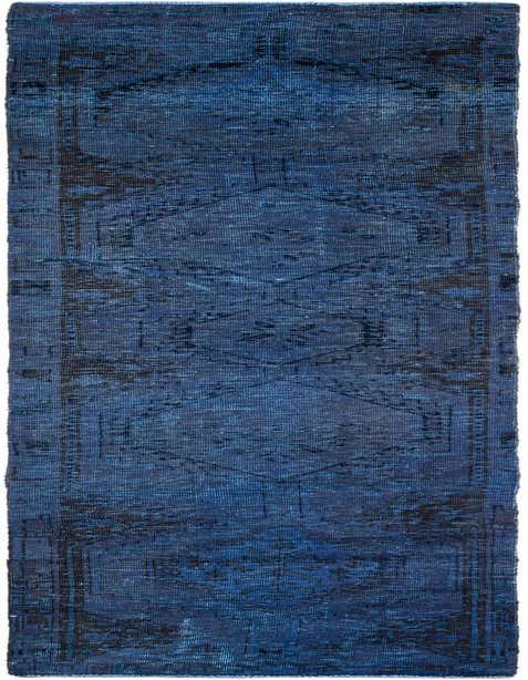 A handmade 11 ft runner rug in shades of navy blue, featuring a distressed Persian medallion pattern.