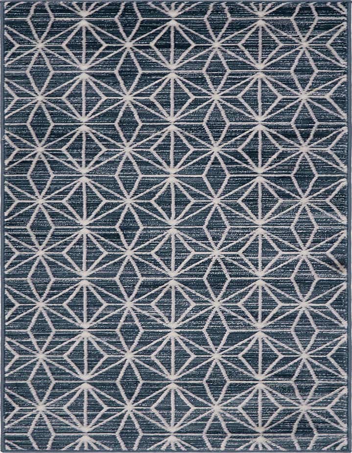 A 6 ft runner rug featuring a repeating geometric diamond pattern in white against a textured navy blue background.