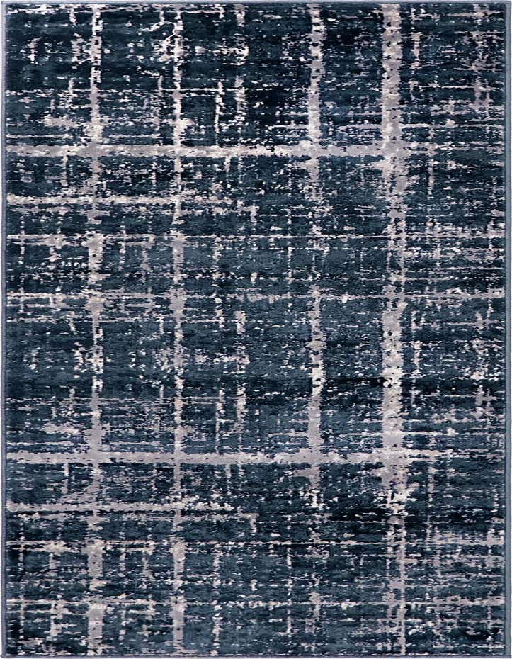 A 6 ft runner rug with a distressed blue and gray abstract plaid pattern, ideal for a hallway.