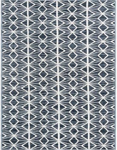 A 14 ft runner rug in navy blue with a repeating modern geometric diamond pattern in white, ideal for a hallway.