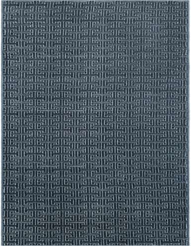 A long, thin navy blue runner rug with a repeating white geometric pattern, ideal for a hallway.