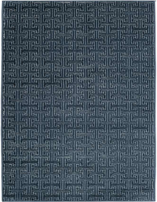 A long, thin 8 ft runner rug in shades of navy blue, featuring a modern, industrial geometric pattern with a textured pile, ideal for a hallway.