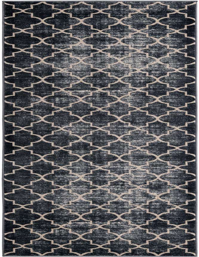 An 8 ft runner rug from the Uptown Collection, featuring a distressed navy blue background with a cream modern geometric pattern, ideal for a hallway or kitchen.