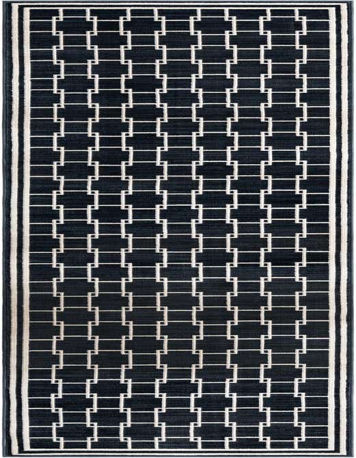 A 10 ft runner rug from the Uptown Collection, featuring a modern navy blue geometric pattern with white interlocking squares and a striped border, ideal for a hallway.