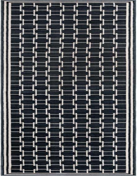 A 12 ft runner rug from the Uptown collection, featuring a navy blue background with a white modern geometric pattern and border.