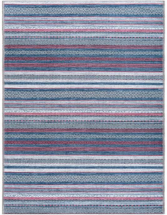 A 10 ft runner rug with a coastal stripe pattern in various shades of blue, white, and pink, ideal for a hallway.