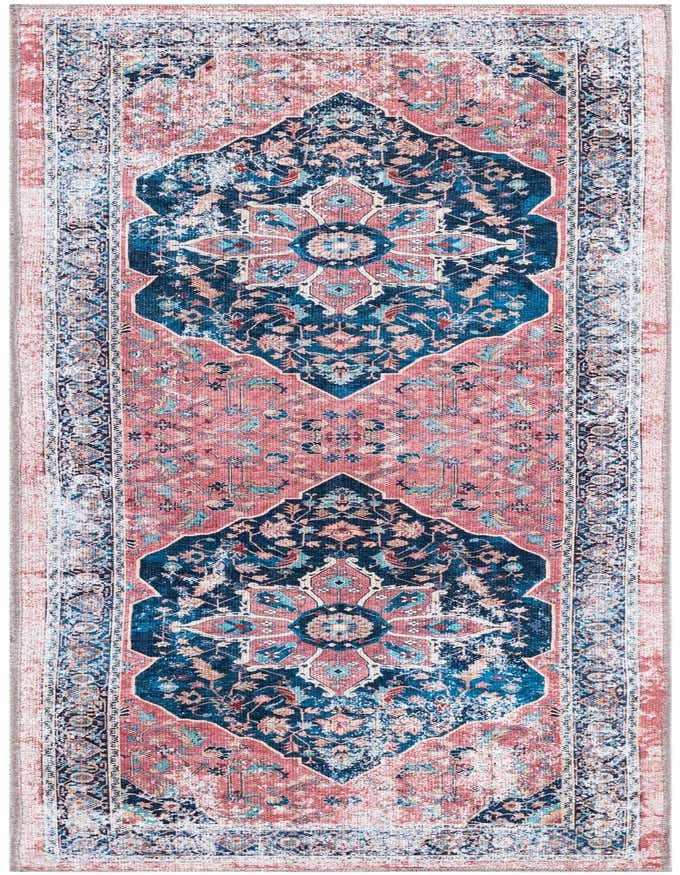 A 6 ft runner rug featuring a distressed traditional medallion pattern in shades of navy blue, light blue, and coral pink, perfect for a hallway or kitchen.