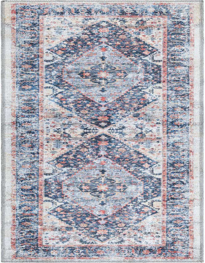 A 6 ft runner rug with a distressed tribal medallion pattern in shades of navy blue, light blue, and terracotta, ideal for a hallway or kitchen.