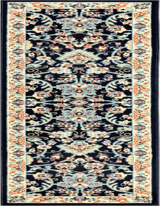 A long 8 ft runner rug with a navy blue background and an intricate traditional floral pattern in light blue, cream, and orange, perfect for a hallway or kitchen.