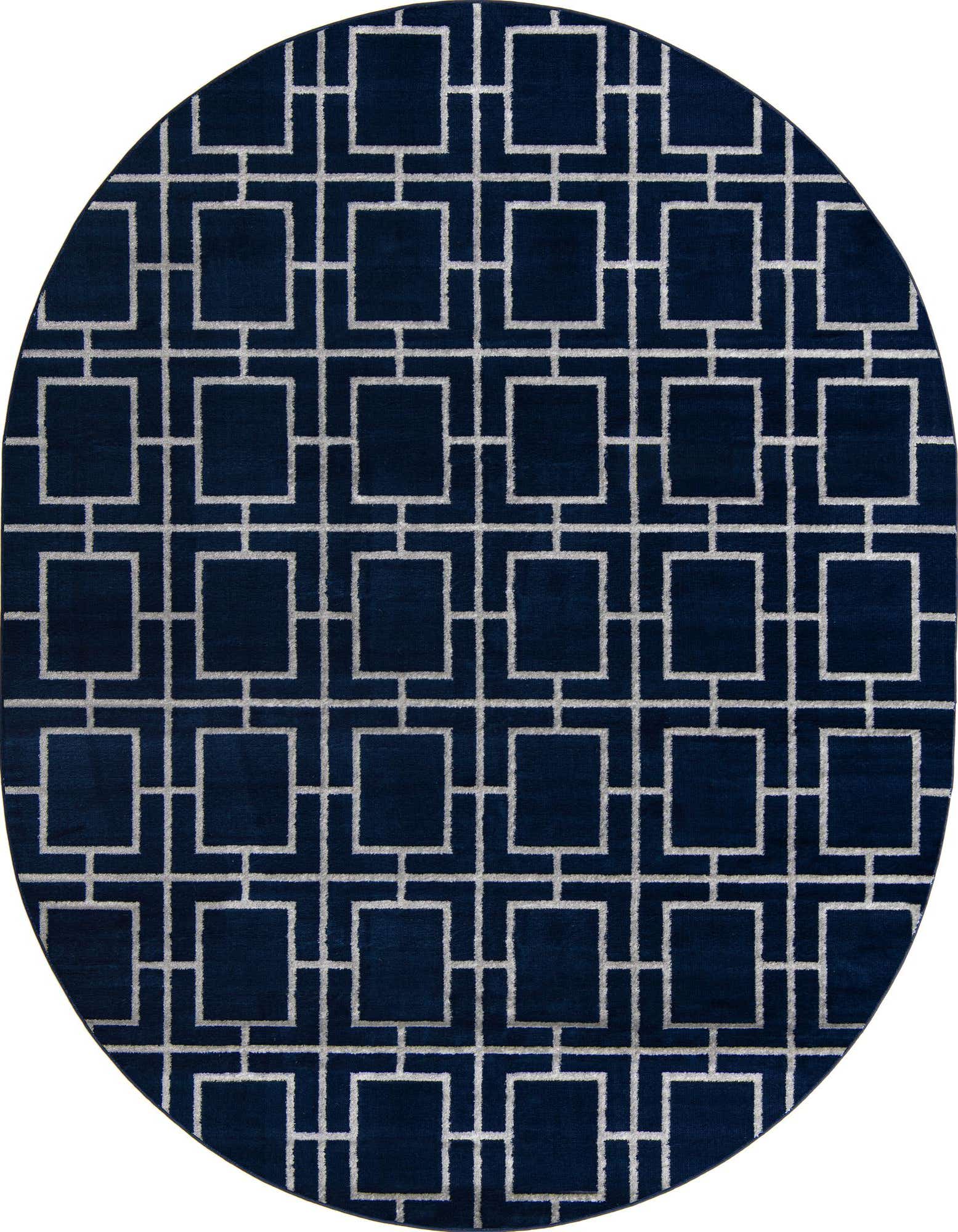 A 7' 10 x 10' 0 oval blue area rug with a modern white trellis pattern, featuring a textured pile.