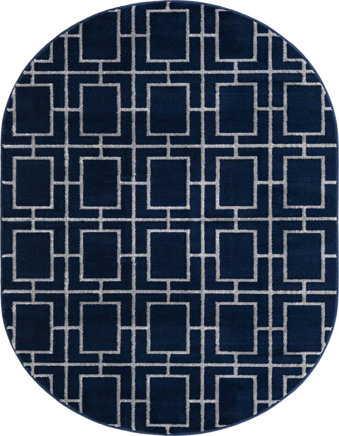 An oval 5' 3 x 8' 0 blue rug with a light grey modern trellis pattern, suitable for a living room.