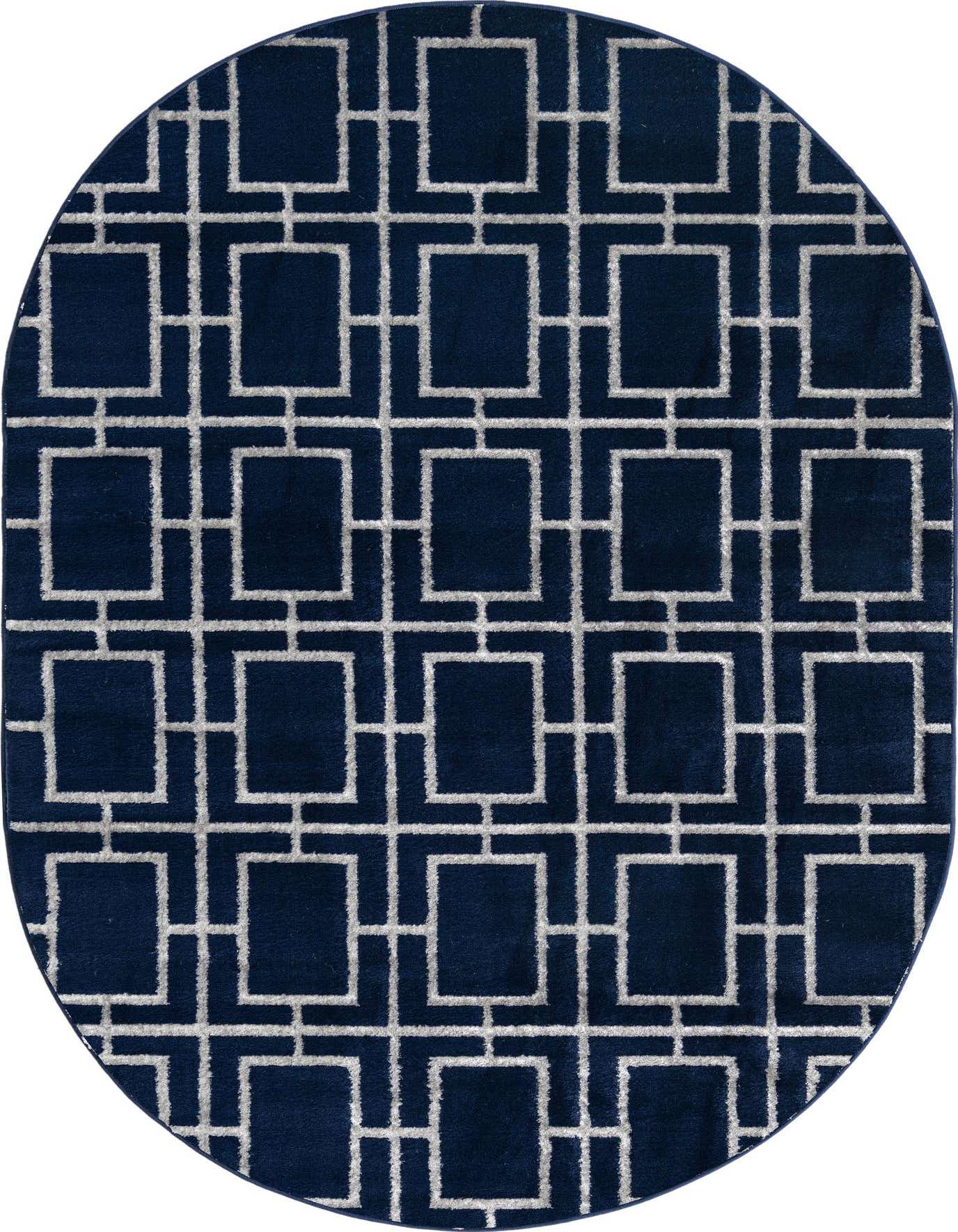 A 4'x6' oval blue rug with a white modern trellis pattern, featuring a textured high pile.
