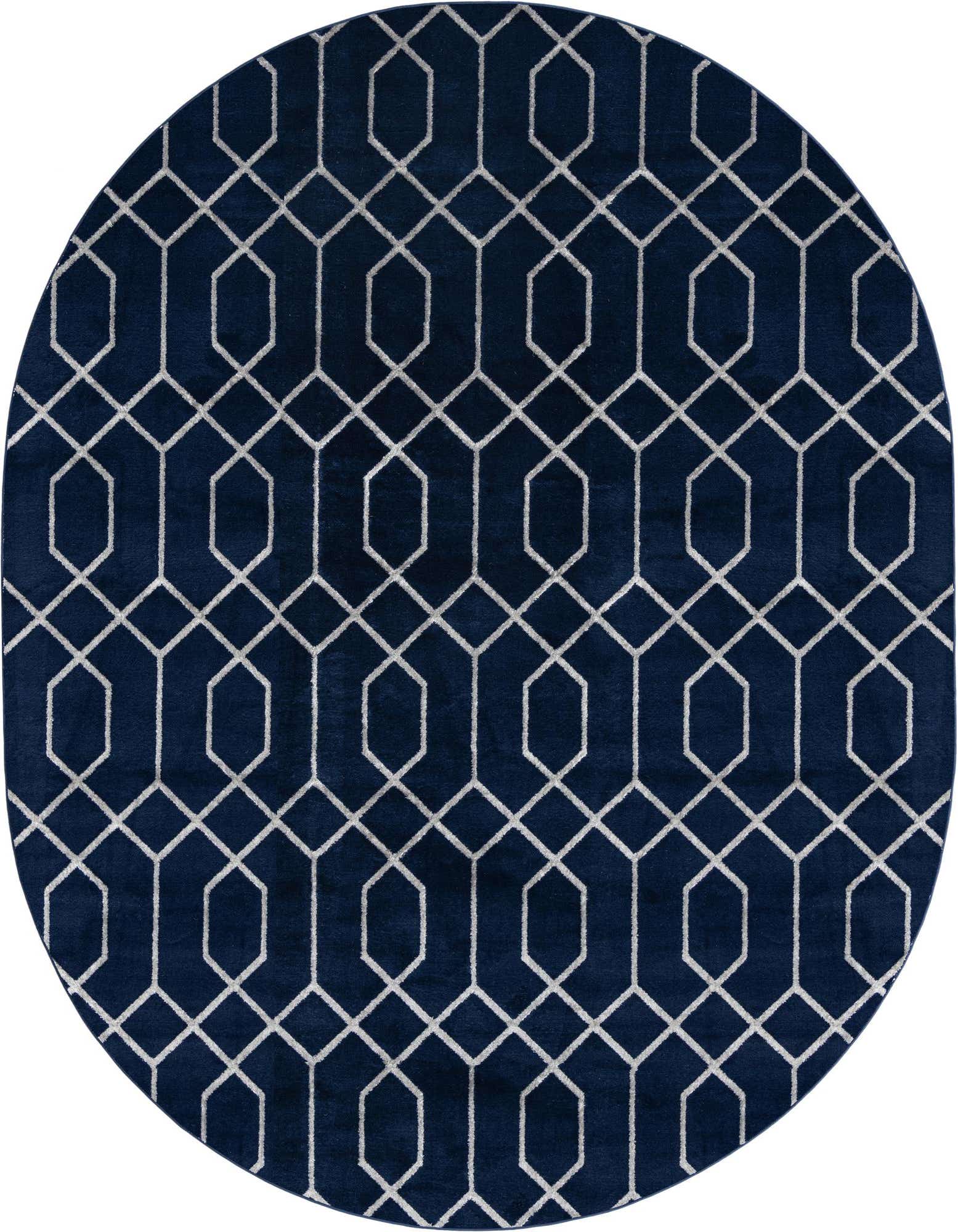 A large oval blue area rug with a repeating white geometric trellis pattern, suitable for a living room or bedroom.