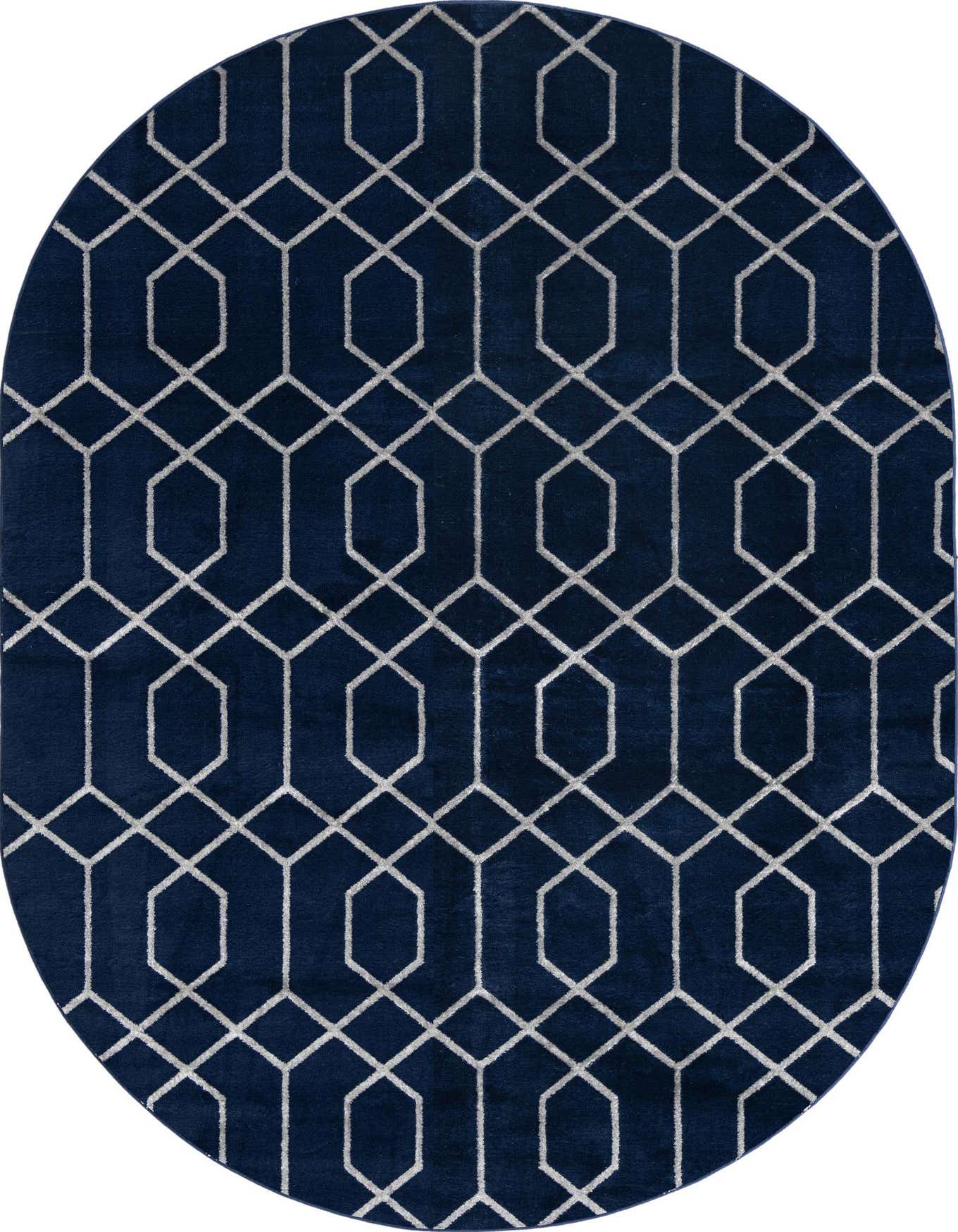 A 4'x6' oval blue rug featuring a textured white geometric trellis pattern, perfect for an indoor living space.
