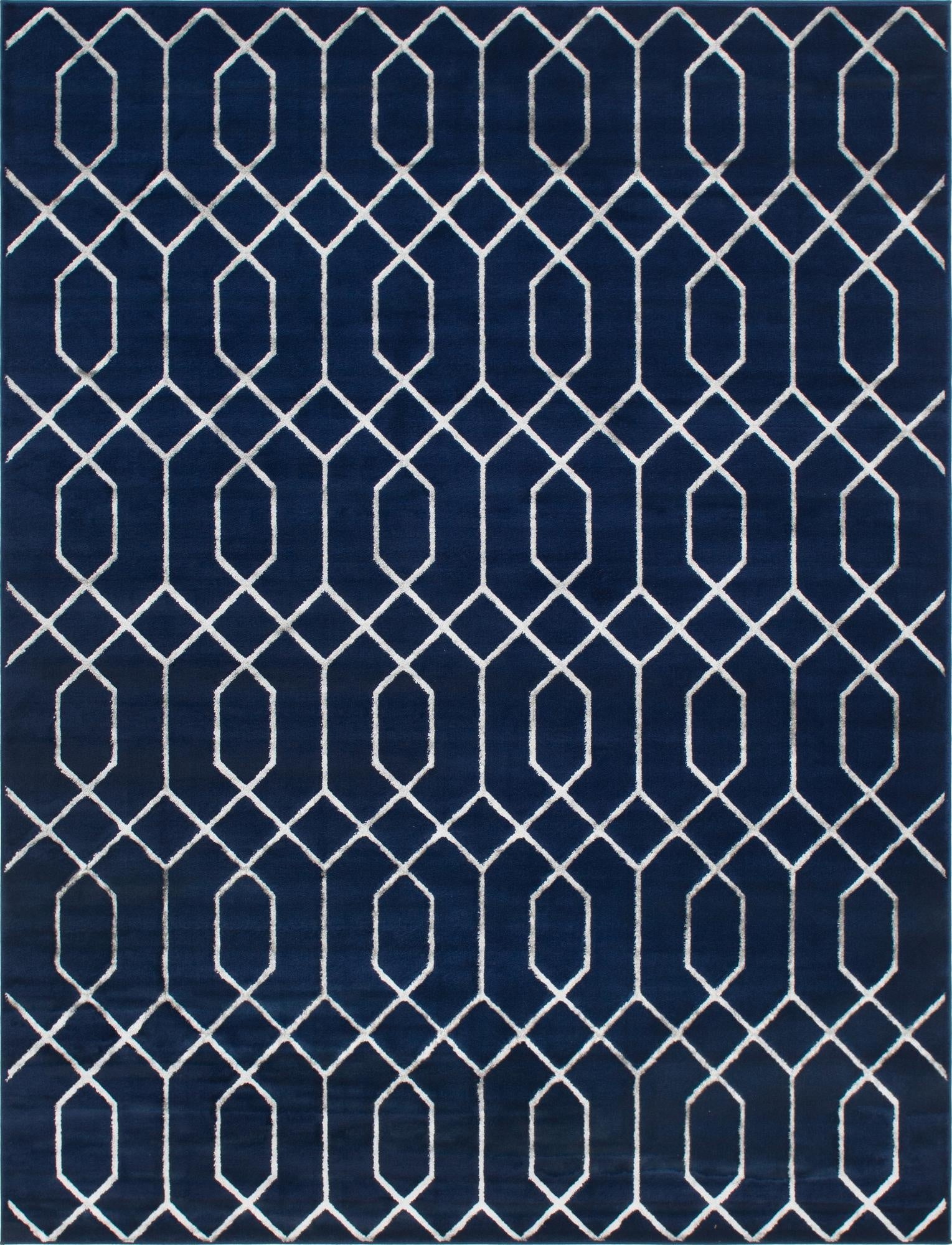 A rectangular 8x10 blue area rug with a repeating white geometric trellis pattern, perfect for a living room.