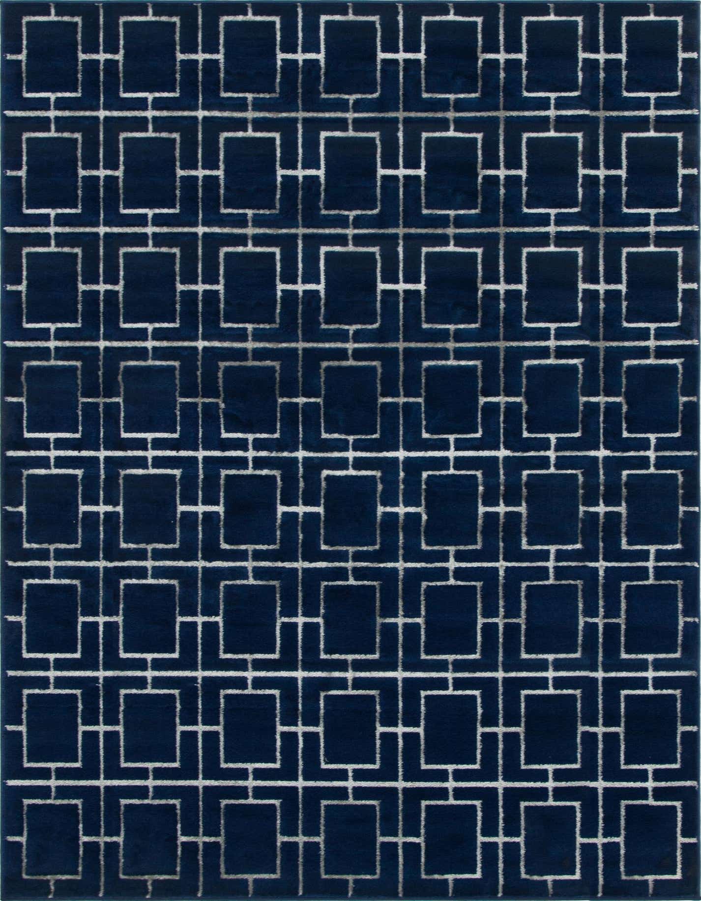 A 9x12 rectangular navy blue rug with a silver Hollywood glam trellis pattern, ideal for a living room.