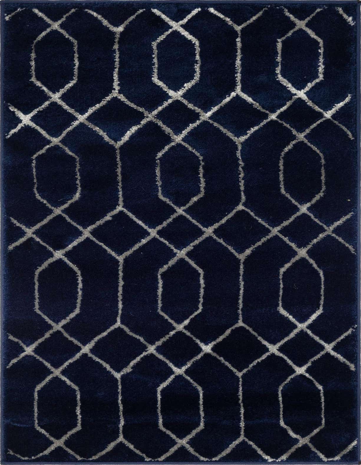 A 2x3 rectangular indoor area rug featuring a plush navy blue background with a raised silver trellis pattern.