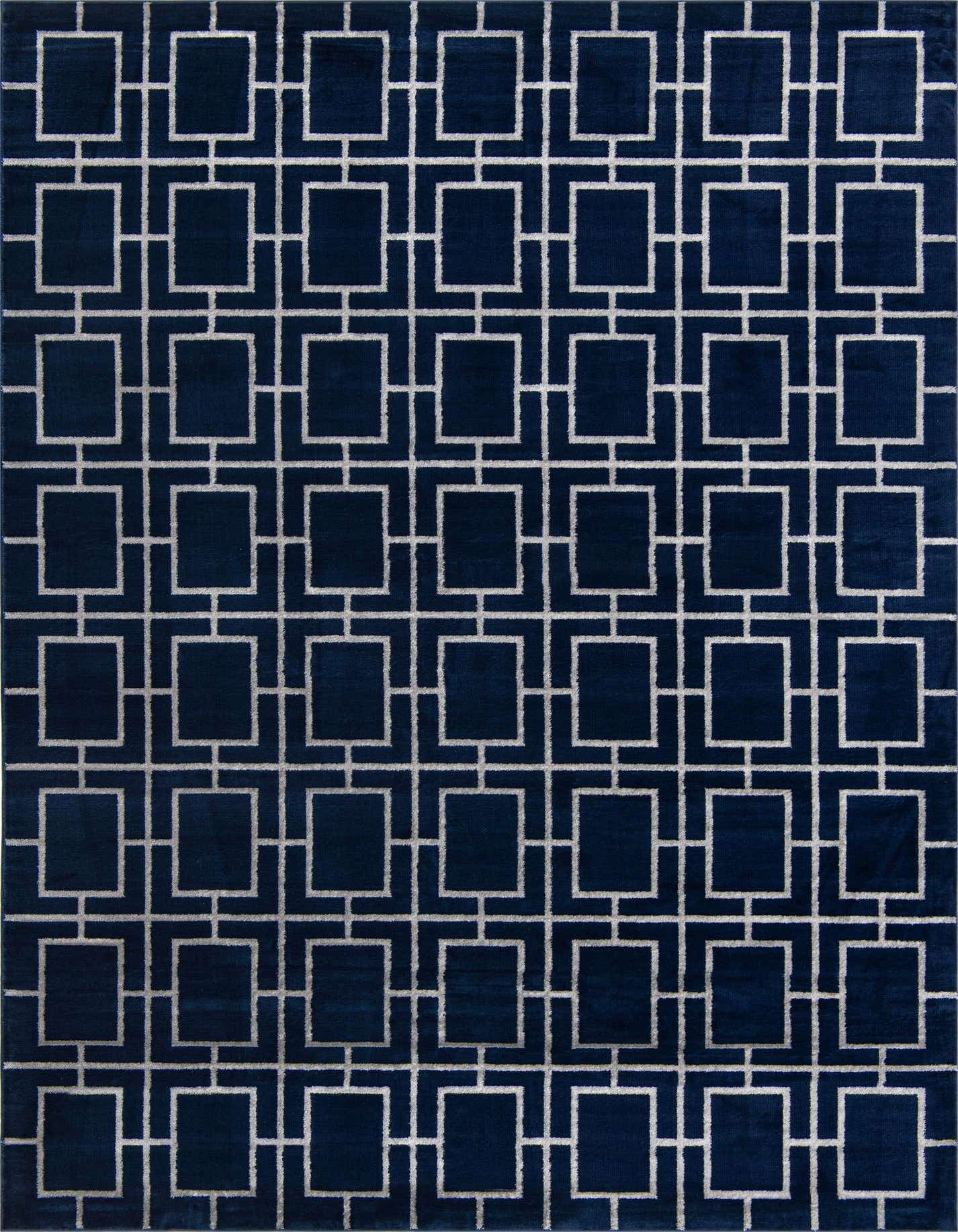 A 10x14 rectangular Marilyn Monroe Glam Trellis rug featuring a modern silver trellis pattern on a rich navy blue background.