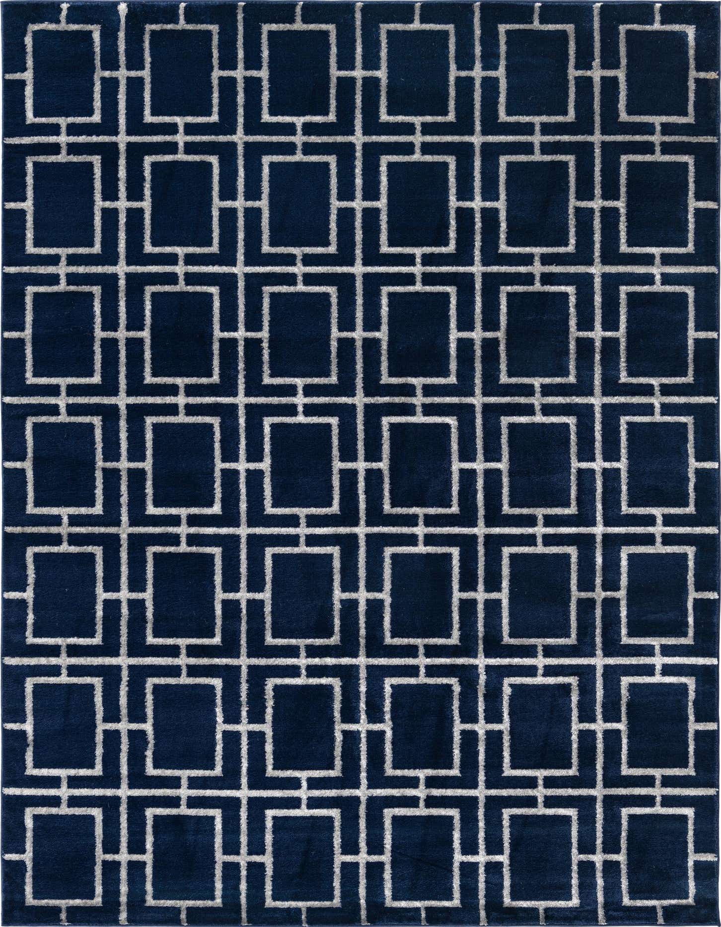 A 7x10 rectangular Marilyn Monroe Glam Trellis rug in deep blue with a textured silver geometric trellis pattern, ideal for a living room.