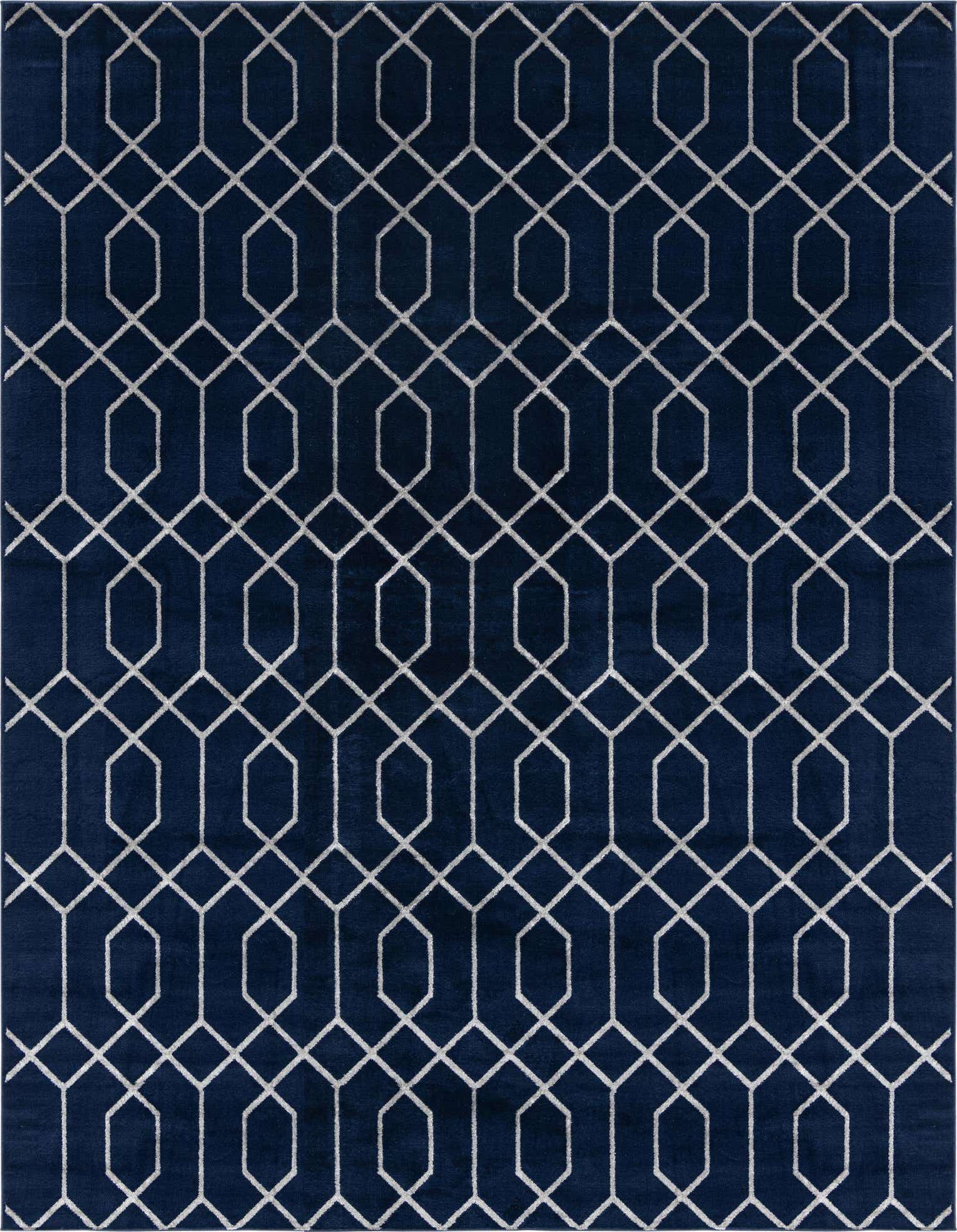 A 10x13 rectangular blue rug with a repeating silver Hollywood glam trellis pattern, ideal for a living room.