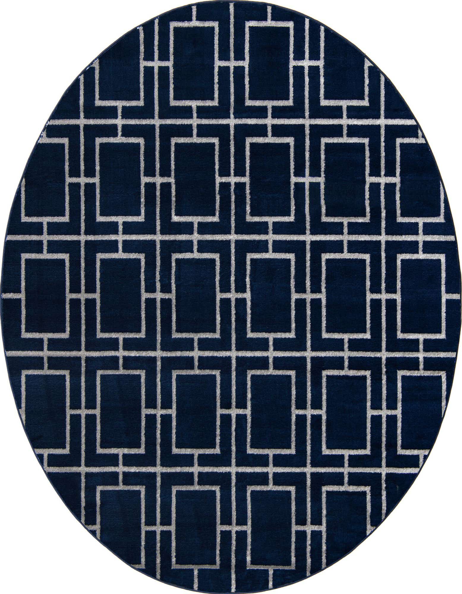 A 7' 10 round blue rug with a modern white trellis pattern, featuring a textured high pile.
