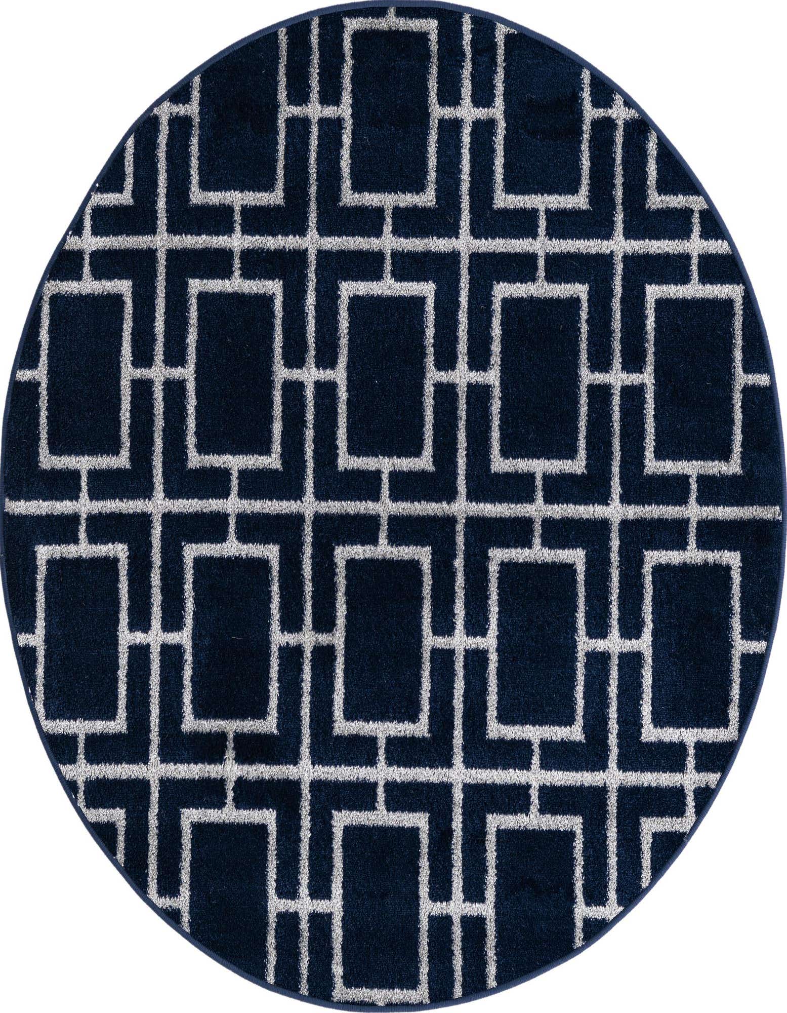 A round 3' x 3' blue rug with a modern Hollywood Glam trellis pattern in a lighter contrasting shade.