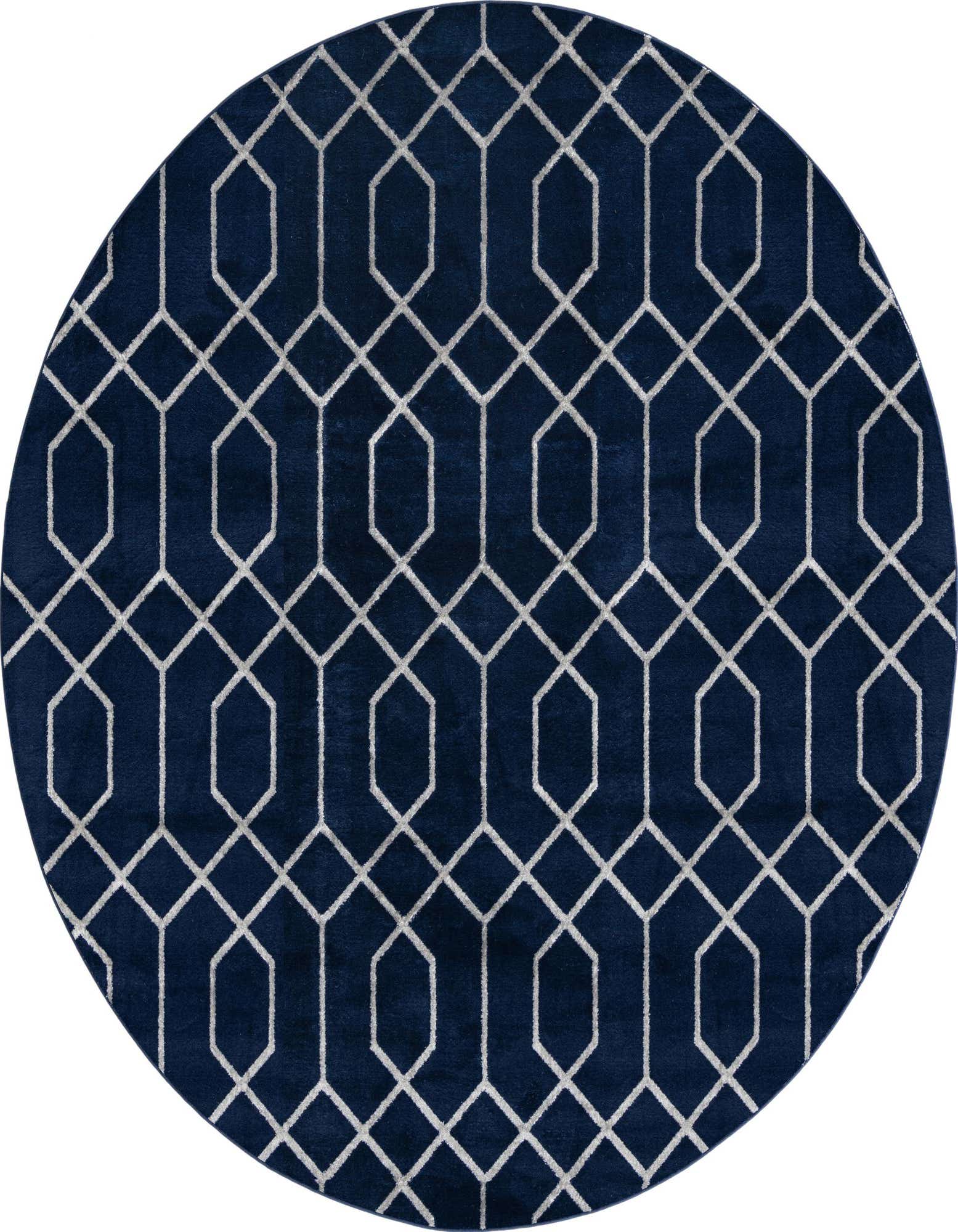 A round navy blue rug with a repeating white geometric trellis pattern, suitable for a living room or bedroom.