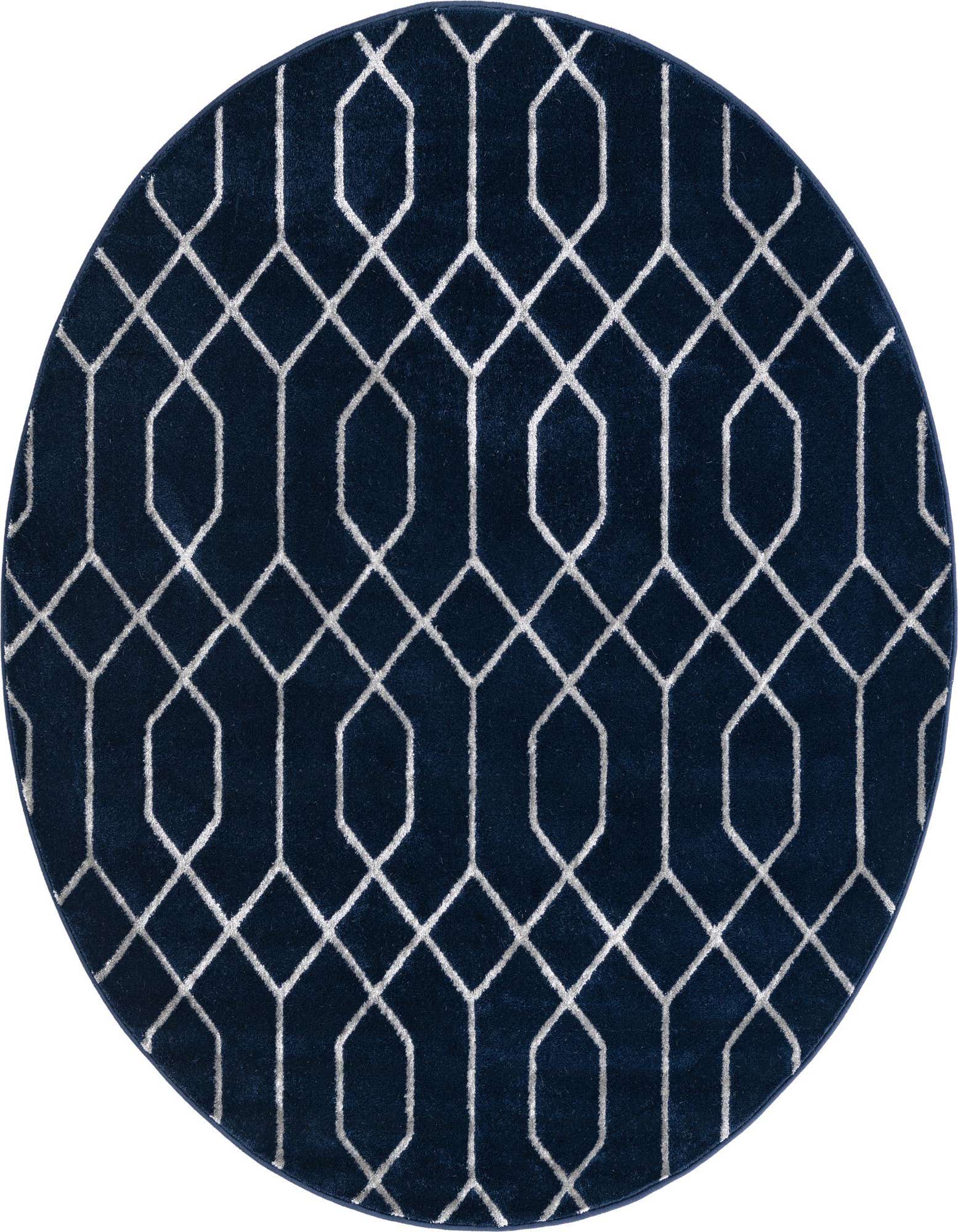 A 5' 3 round blue area rug featuring a silver Hollywood glam trellis pattern, perfect for an indoor living space.