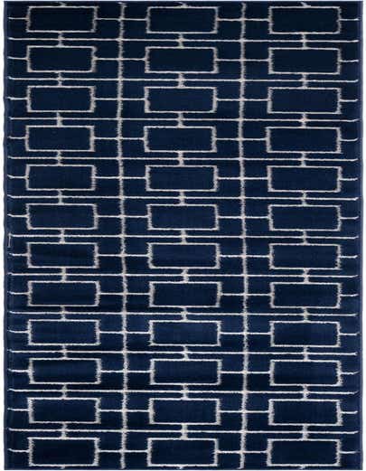 A 10 ft runner rug in deep navy blue with a textured white geometric trellis pattern, ideal for a hallway.