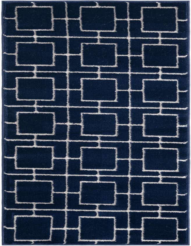 A 6 ft runner rug with a deep blue background and an interlocking white trellis pattern, perfect for a hallway.