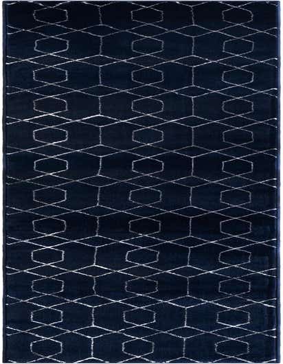 A 10 ft runner rug in deep blue with a textured white Hollywood glam trellis pattern, ideal for a hallway.