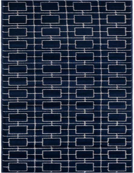 A 12 ft blue runner rug with a modern Hollywood Glam trellis pattern of intersecting light-colored rectangles, ideal for a hallway.